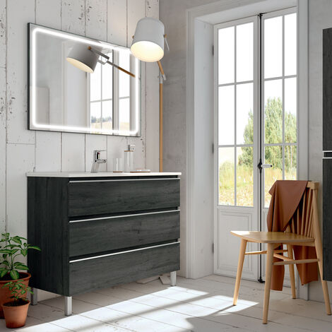 Meuble de salle de bain simple vasque - 3 tiroirs - ebony (bois noir) - PALMA et miroir Led VELDI - 60cm