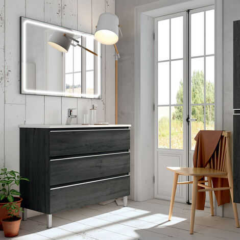 Meuble de salle de bain simple vasque - 3 tiroirs - PALMA et miroir Led VELDI - 60cm - Ebony (bois noir)