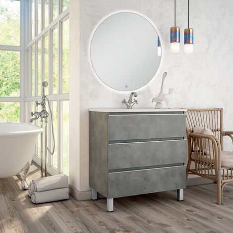 Meuble de salle de bain simple vasque - 3 tiroirs - PALMA et miroir rond Led SOLEN - 60cm - Ciment (gris)