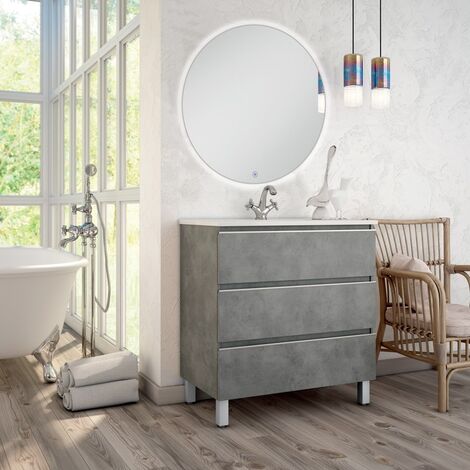 Meuble de salle de bain simple vasque - 3 tiroirs - PALMA et miroir rond Led SOLEN - 70cm - Ciment (gris)