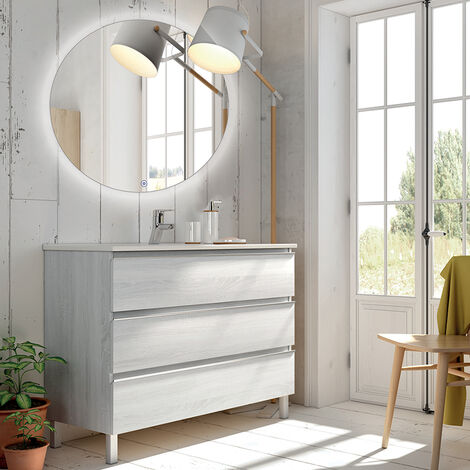 Meuble de salle de bain simple vasque - 3 tiroirs - PALMA et miroir rond Led SOLEN - 70cm - Hibernian (bois blanchi)