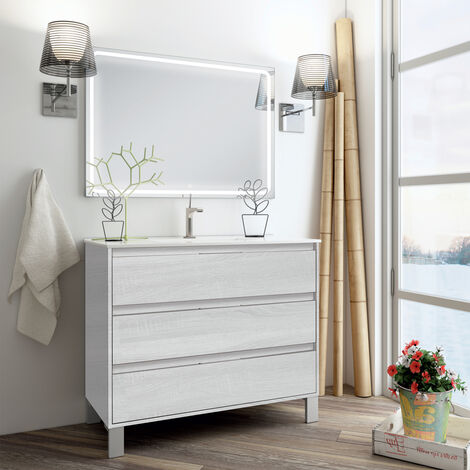 Meuble de salle de bain simple vasque - 3 tiroirs - TIRIS 3C et miroir Led VELDI - 80cm - Hibernian (bois blanchi)