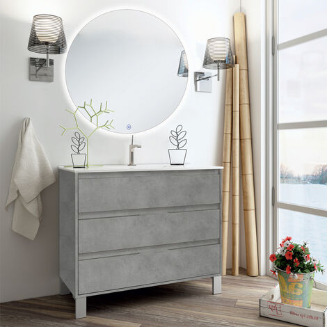Meuble de salle de bain simple vasque - 3 tiroirs - TIRIS 3C et miroir rond Led SOLEN - 80cm - Ciment (gris)