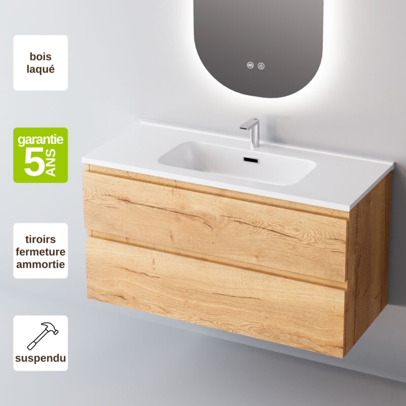 Meuble de salle de bain plan vasque Céramique, 2 Tiroirs,l80xh54xp45, Chêne Clair, step