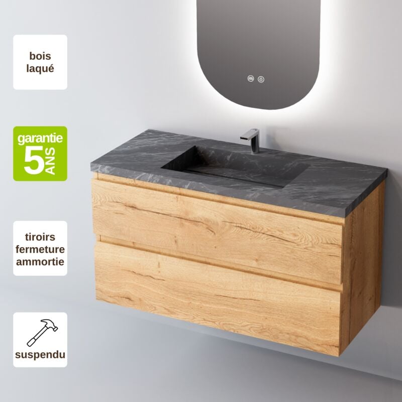 Sanizeo - Meuble de salle de bain plan vasque Grès Cérame Noir, 2 Tiroirs,l100xh54xp45, Chêne Clair, step