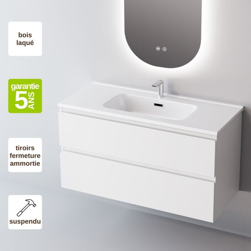 Meuble de salle de bain plan vasque Céramique, 2 Tiroirs,l60xh54xp45, Laqué Blanc Mat, step