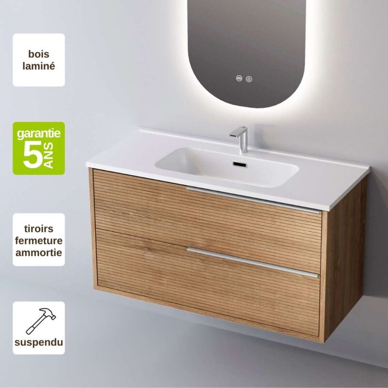 Meuble de salle de bain plan vasque Céramique, 2 Tiroirs Chêne Naturel, Poignée Inox Satiné, l60xh54xp45, Effet 3D, LISTELLO