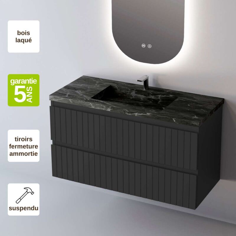 Sanizeo - Meuble de salle de bain plan vasque Grès Cérame Noir Allure, 2 Tiroirs,l60xh54xp45, Laqué Noir Mat, glow