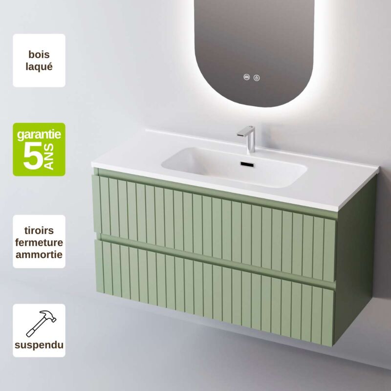 Sanizeo - Meuble de salle de bain plan vasque Céramique, 2 Tiroirs,l100xh54xp45, Laqué Mint Mat, glow