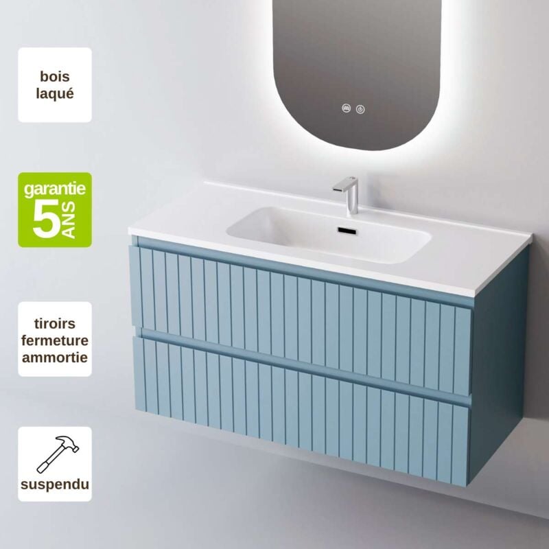 Meuble de salle de bain plan vasque Céramique, 2 Tiroirs,l60xh54xp45, Laqué Cobalt Mat, GLOW