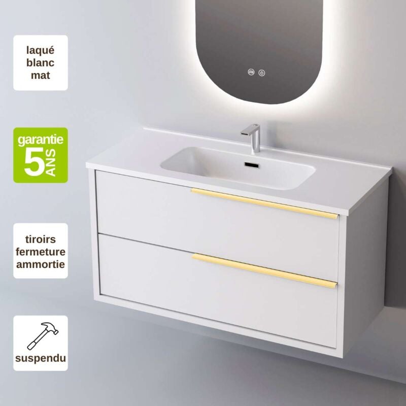 Sanizeo - Meuble de salle de bain plan vasque Céramique, 2 Tiroirs Poignée Or, l60xh54xp45, Laqué Blanc Mat, like