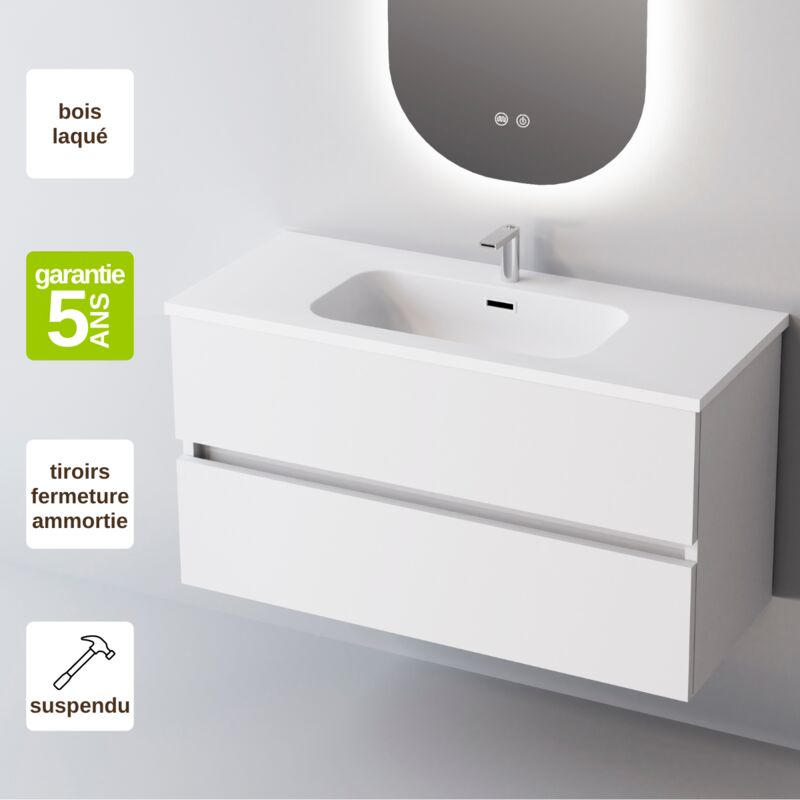 Sanizeo - Meuble de salle de bain plan vasque Céramique, 2 Tiroirs,l60xh54xp45, Laqué Blanc Brillant, ancona