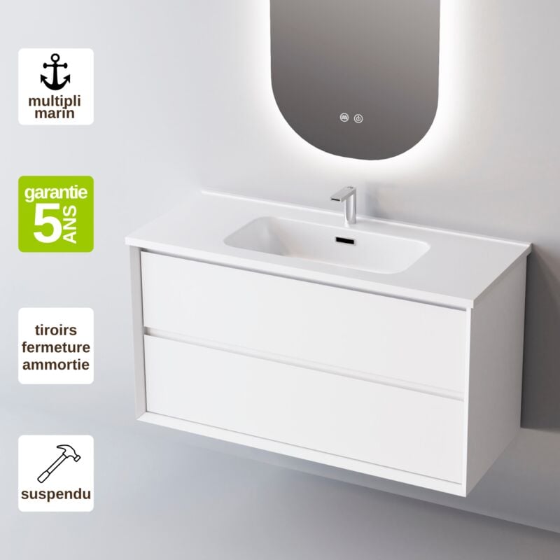 Meuble de salle de bain plan vasque Céramique, 2 Tiroirs,l60xh54xp45, Laqué Blanc Mat, COOL