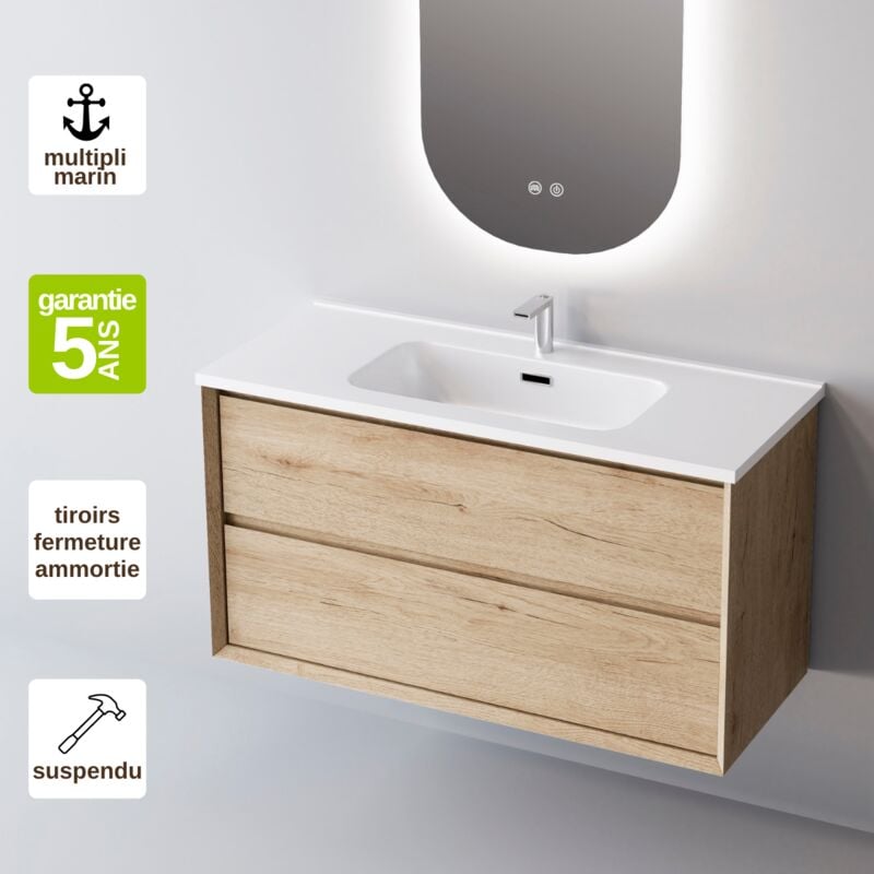Sanizeo - Meuble de salle de bain plan vasque Céramique, 2 Tiroirs,l80xh54xp45, Chêne Naturel, cool
