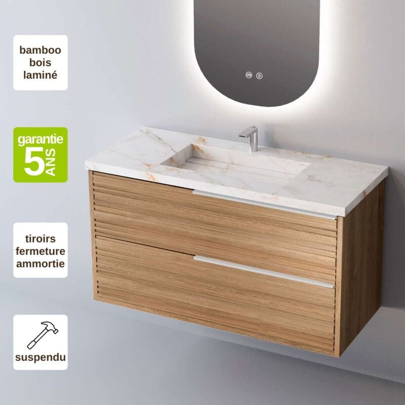 Sanizeo - Meuble de salle de bain plan vasque Grès Cérame Blanc Storm, 2 Tiroirs,l100xh54xp45, Chêne Naturel Poigné Inox, bamboo