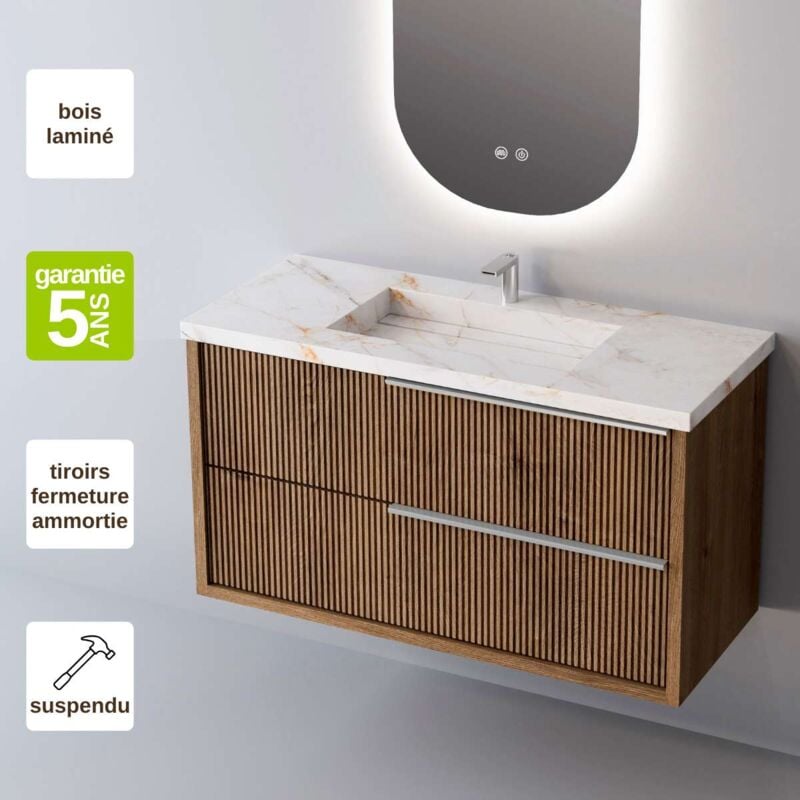 Meuble de salle de bain plan vasque Grès Cérame Blanc Storm, 2 Tiroirs Chêne Foncé, Poignée Inox Satiné, l80xh54xp45, Effet 3D, trend