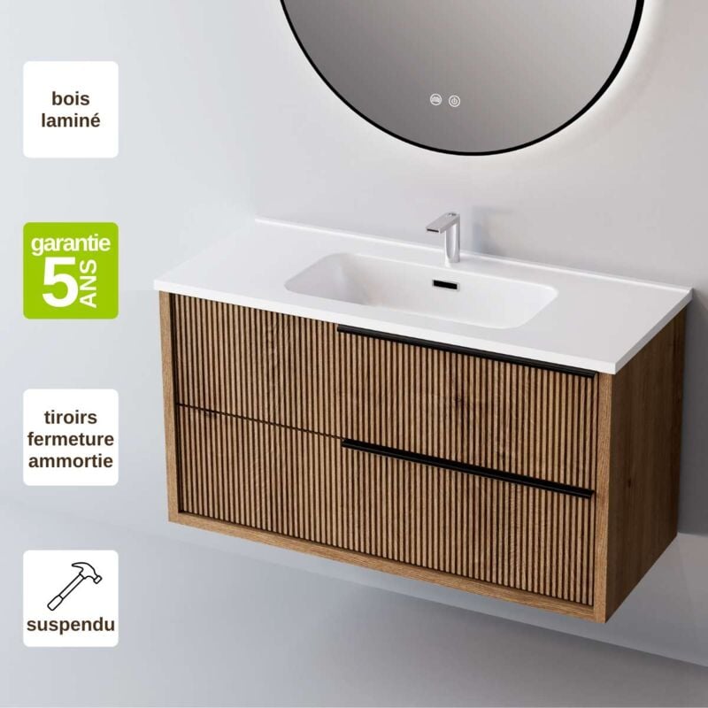 Meuble de salle de bain plan vasque Solide Surface, 2 Tiroirs Chêne Foncé, Poignée Noir, l60xh54xp45, Effet 3D, trend