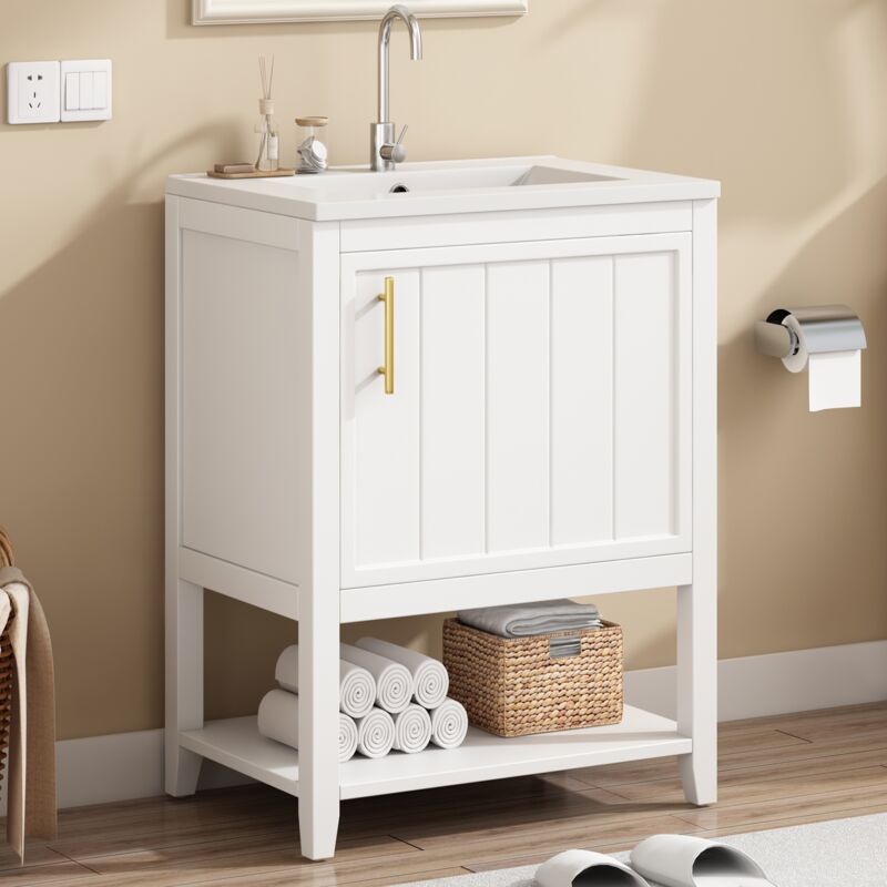 Meuble de salle de bain simple vasque, meuble sous-vasque 60 cm avec vasque en céramique, avec étagère, meuble de salle de bain, Blanc