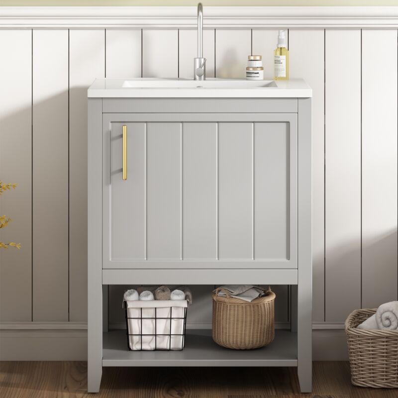 Meuble de salle de bain simple vasque, meuble sous-vasque 60 cm avec vasque en céramique, avec étagère, meuble de salle de bain, Gris