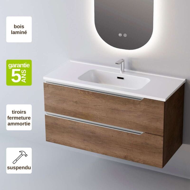 Sanizeo - Meuble de salle de bain plan vasque Céramique, 2 Tiroirs,l80xh54xp45, Chêne Foncé, duo