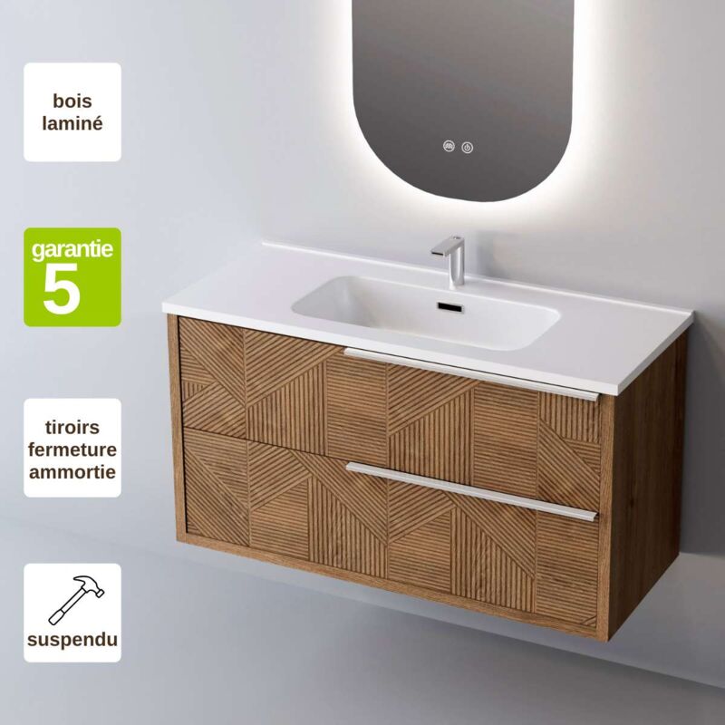 Meuble de salle de bain plan vasque Céramique, 2 Tiroirs Chêne Moyen Poignée Inox Satiné, l100xh54xp45, Effet 3D, reel
