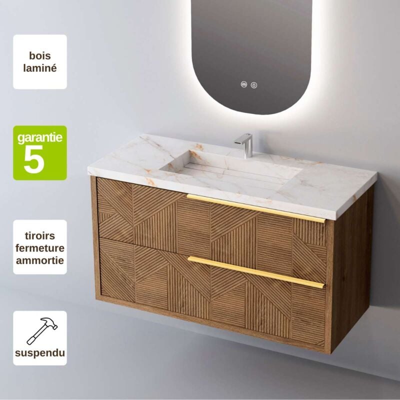 Sanizeo - Meuble de salle de bain plan vasque Grès Cérame Blanc Storm, 2 Tiroirs Chêne Moyen Poignée Or, l60xh54xp45, Effet 3D, reel