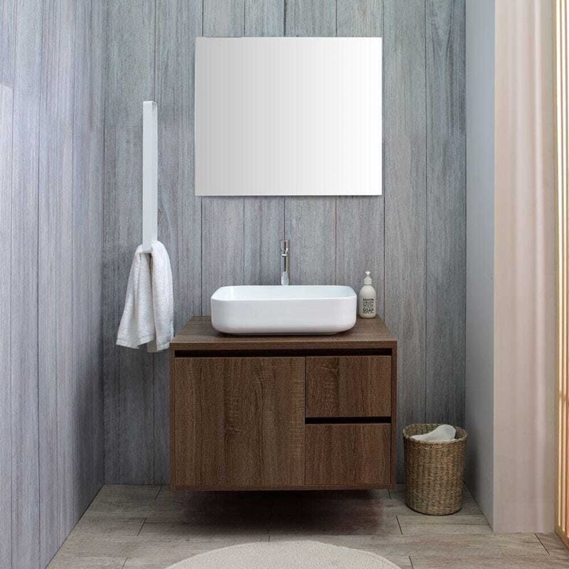 Kiamami Valentina - Meuble De Salle De Bain Sous-Lavabo Cm 75 Noyer Foncé Lavabo Et Miroir Siena