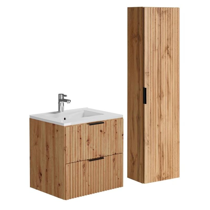Vente-unique - Meuble de salle de bain strié avec vasque à encastrer et colonne - Coloris naturel clair - 60 cm - zevara