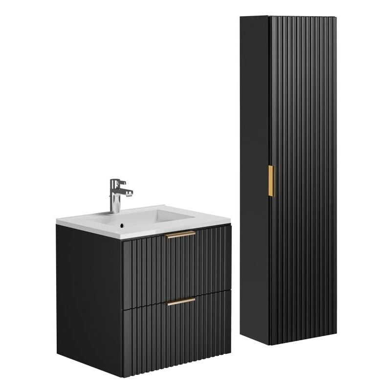 Vente-unique - Meuble de salle de bain strié avec vasque à encastrer et colonne - Noir - 60 cm - zevara