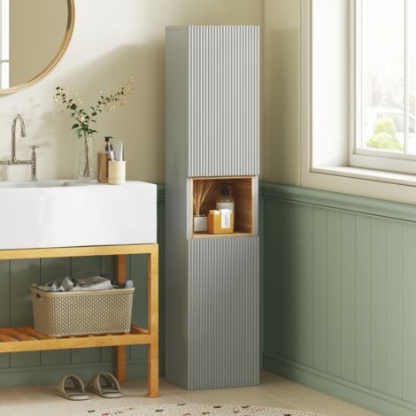 Meuble de salle de bain sur colonne, unité de rangement, double porte, avec étagères et supports réglables, dimensions : 30x24x140 cm, vert