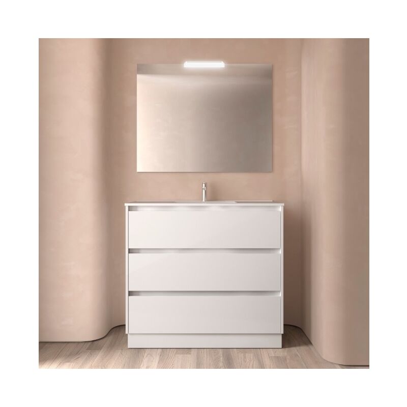 Meuble De Salle De Bain Sur Le Sol 100 Cm Blanc Laque Avec Lavabo En Porcelaine Standard Sa27398