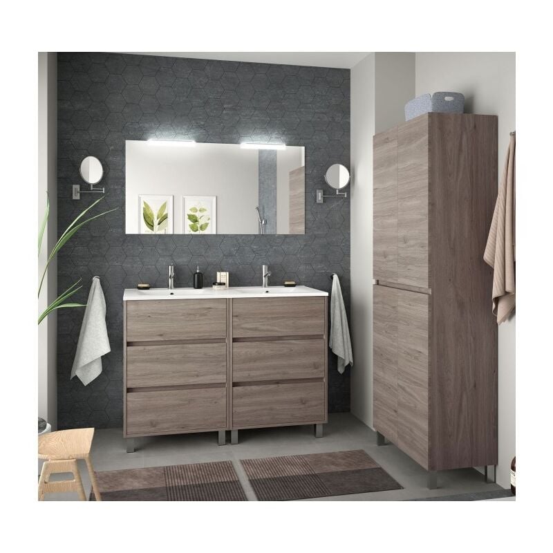 Abitare - Meuble de salle de bain au sol 120 cm en bois chêne eternity avec lavabo en porcelaine - Amalfi - 120 cm Avec double miroir et lampe led