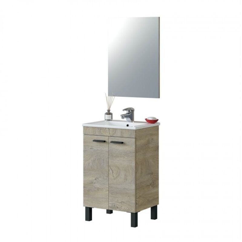 Meuble de salle de bain au sol 50 cm chêne avec miroir et lavabo - Chêne clair Avec lampe Led