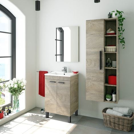 main image of "Meuble de salle de bain sur le sol 50 cm Chêne avec lavabo et miroir"