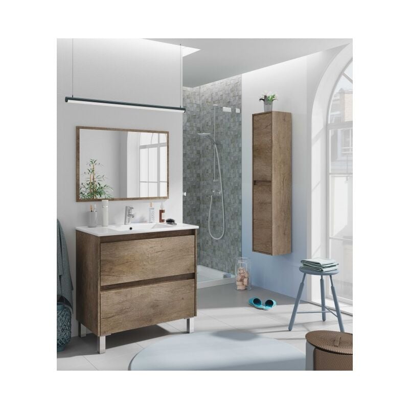 Meuble de salle de bain au sol 80 cm Nordik avec miroir - Ravenna - Couleur Avec double colonne et lampe led