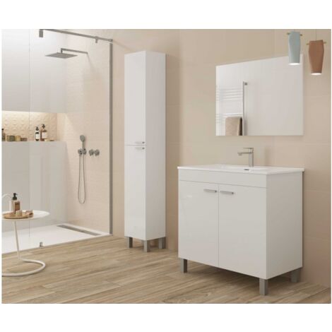 Meuble de salle de bain sur le sol 80 cm Blanc brillant avec miroir