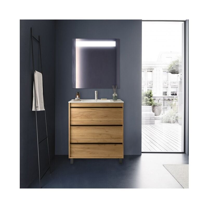 Meuble de salle de bain sur pied en bois de chêne africain 80 cm avec vasque en porcelaine - Astoria - 80 cm Avec colonne miroir et lampe led