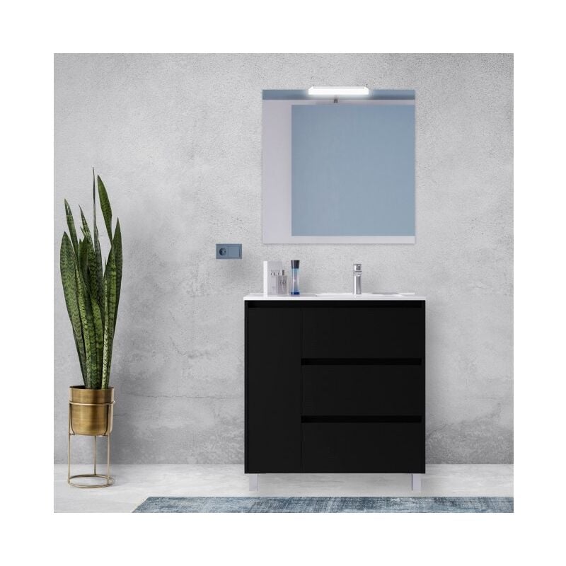 Caesaroo - Meuble de salle de bain sur pied 85 cm en bois noir satiné avec vasque - Nova - Standard