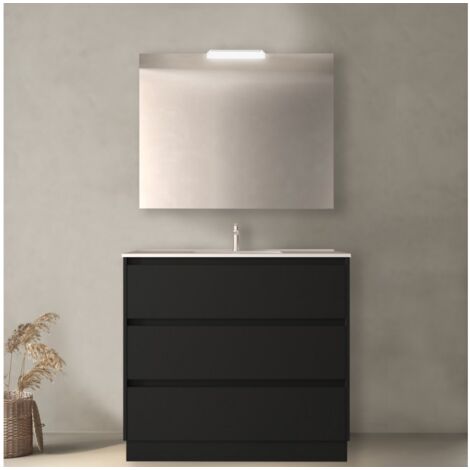 Meuble de salle de bain sur pied 100 cm en bois noir satiné avec vasque en porcelaine - Nova - Standard