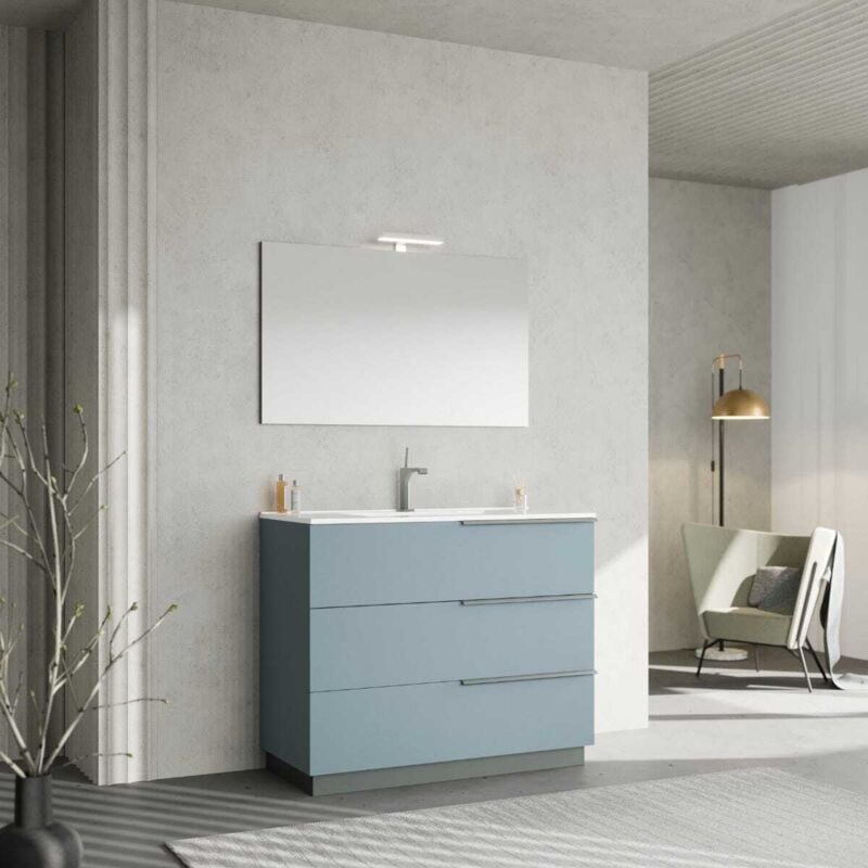 Kiamami Valentina - Meuble De Salle De Bain Sur Pied 100Cm Bleu Ciel, Miroir 100X60 Avec Lampe New York