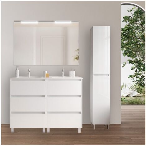 Meuble de salle de bain sur pied 120 cm en bois blanc brillant avec vasque intégré - Nova - Avec miroir et double lampe LED