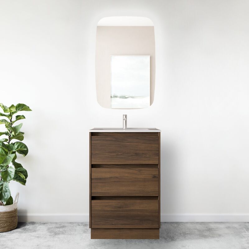 Meuble de salle de bain sur pied 60 cm en bois de noyer maya avec lavabo en porcelaine - Nova - Avec colonne miroir et lampe LED
