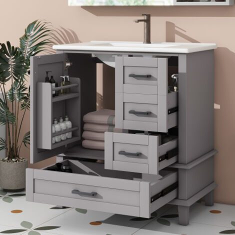 Meuble de salle de bain sur pied 76 x 46 x 83,5 cm avec vasque, meuble sous-vasque, finition laquée intégrale, étagère de porte, trois tiroirs silencieux, vasque en céramique intégrée, gris
