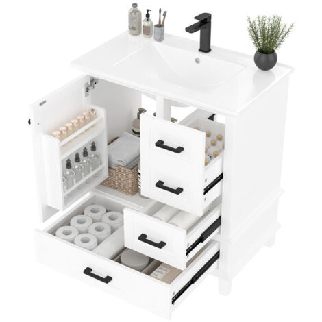 Meuble de salle de bain sur pied 76×46×83,5 cm avec lavabo intégré en céramique, finition laquée blanche, 3 tiroirs silencieux, portes de rangement