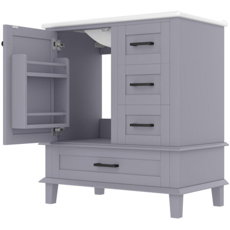 Meuble de salle de bain sur pied 76×46×83,5 cm avec lavabo intégré en céramique, finition laquée grise, 3 tiroirs silencieux, portes et étagères