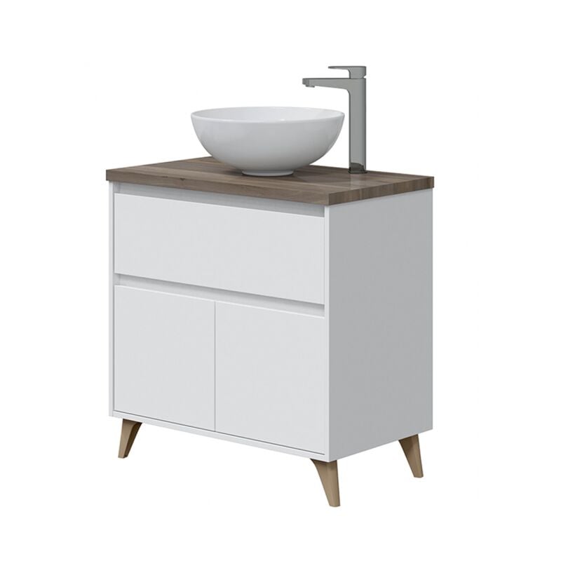 Meuble de salle de bain au sol 80 cm blanc brillant et orme avec lavabo à bol - Viborg - Blanc brillant 80 cm Standard