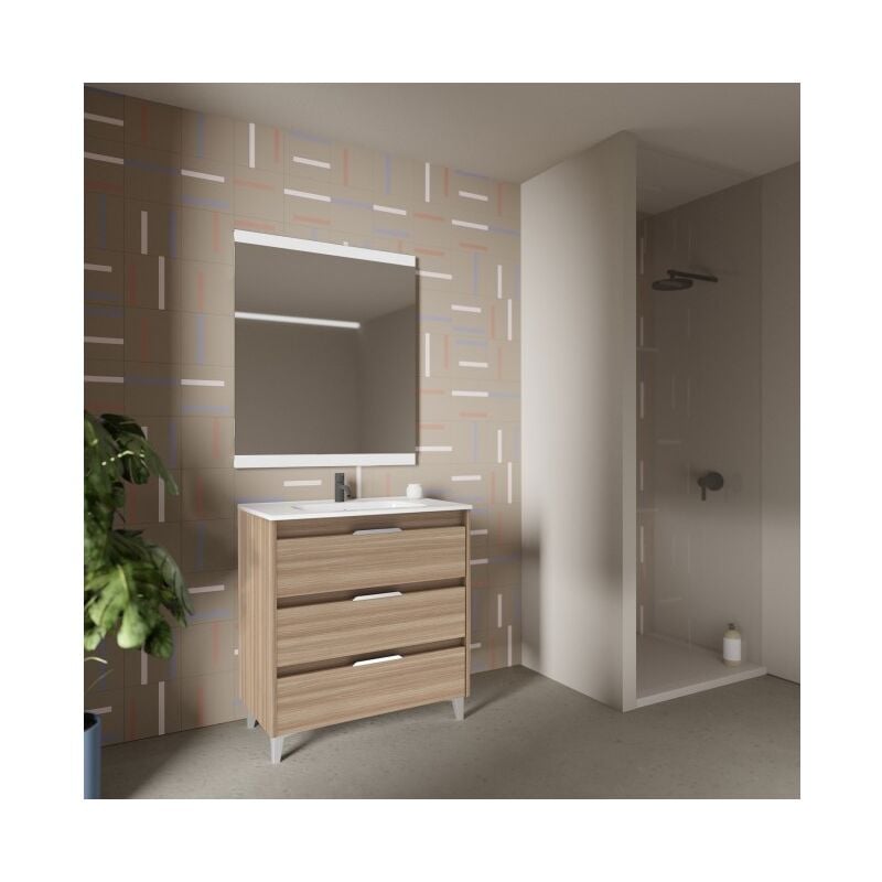 Abitare - Meuble de salle de bain au sol 80 cm noyer sablé avec lavabo - Bristol - Noyer 80 cm Avec miroir et lampe led