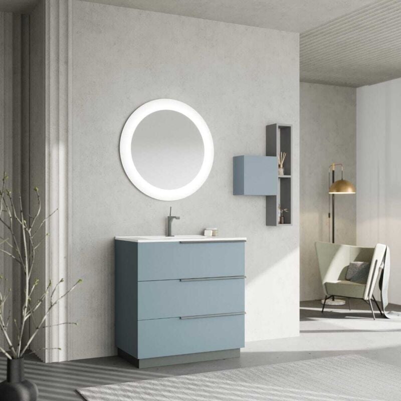 Kiamami Valentina - Meuble De Salle De Bain Sur Pied 80Cm 3 Tiroirs Bleu Clair Mat Et Miroir New York