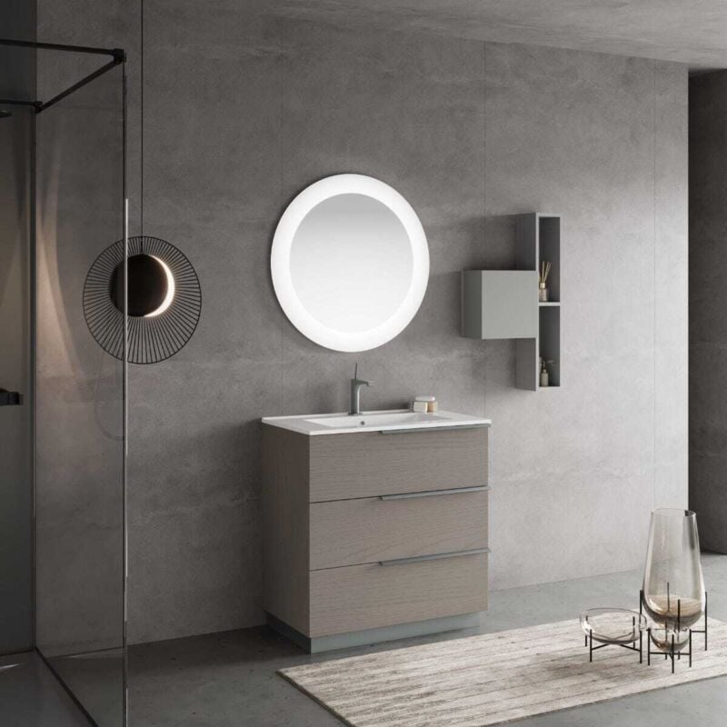 Kiamami Valentina - Meuble De Salle De Bain Sur Pied 80Cm Gris Cendre, Miroir Rond Led New York
