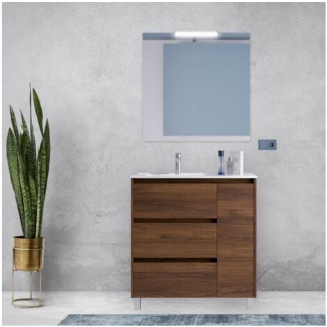 Meuble de salle de bain sur pied 85 cm en bois de noyer maya avec lavabo intégré - Nova - 85 cm Standard